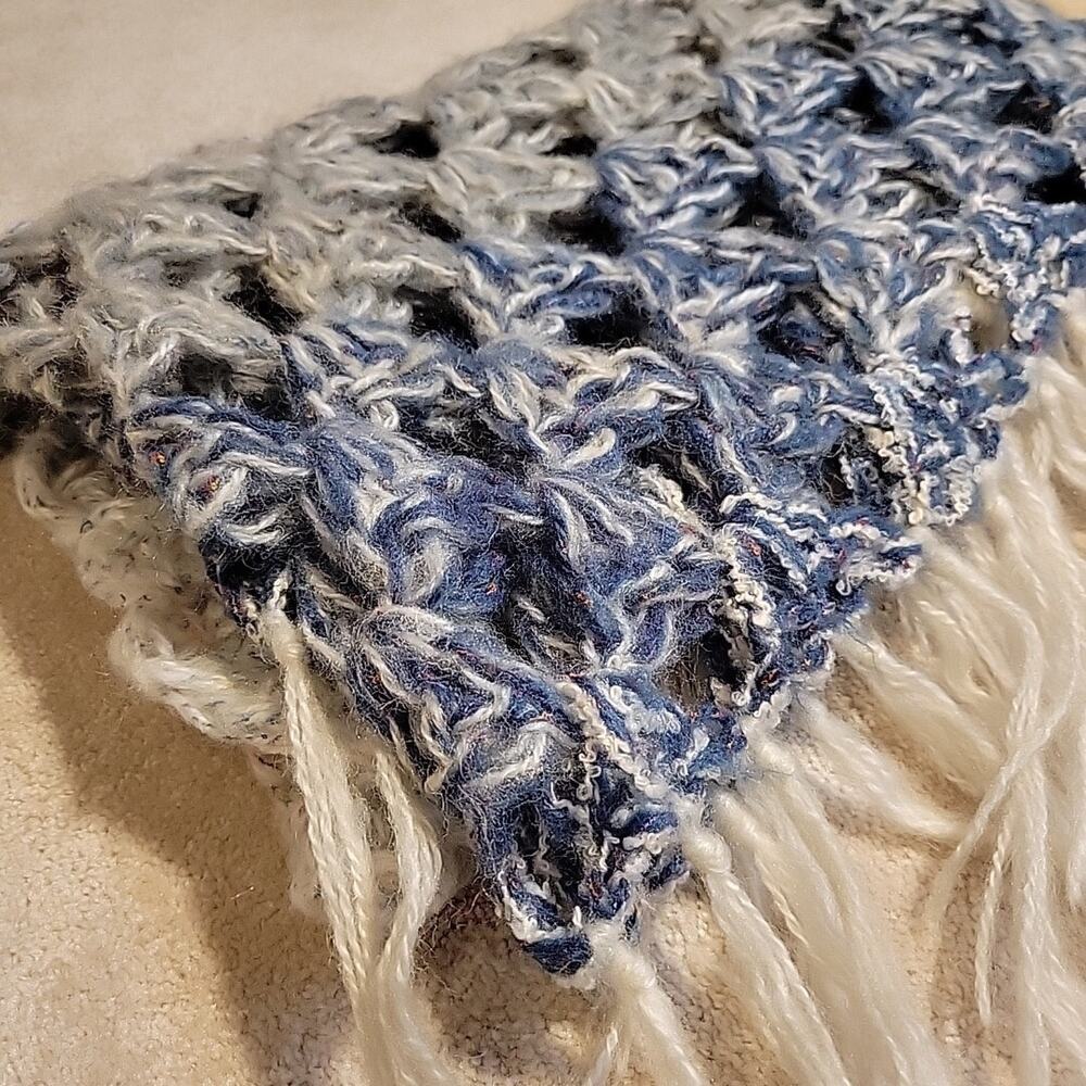 Blanket Afghan Blue grey white crochet throw Ombre Fringe 48x48 Triangle Stitch